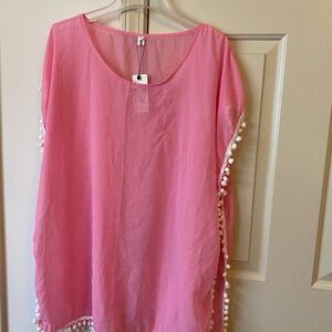Elegant Pink Pom-Pom Trim Swim Coverup